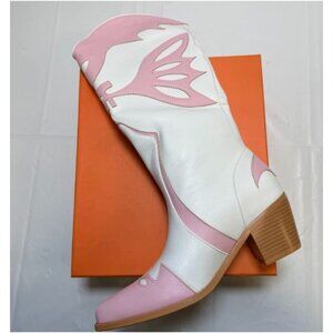 LCQ Womens Western Cowgirl Boots Knee High White & Pink Butterfly Size 7 NEW